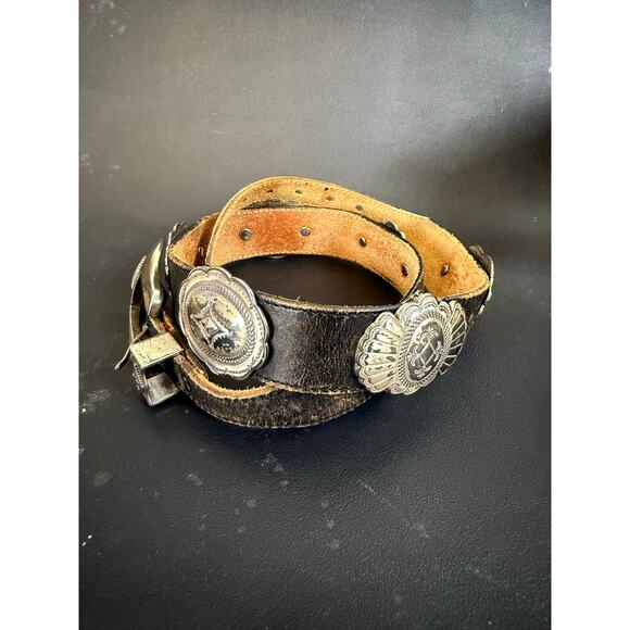 1992 Vintage Top Grain Cowhide Leather Silver Concho Belt Western Size 28 - Picture 2 of 7